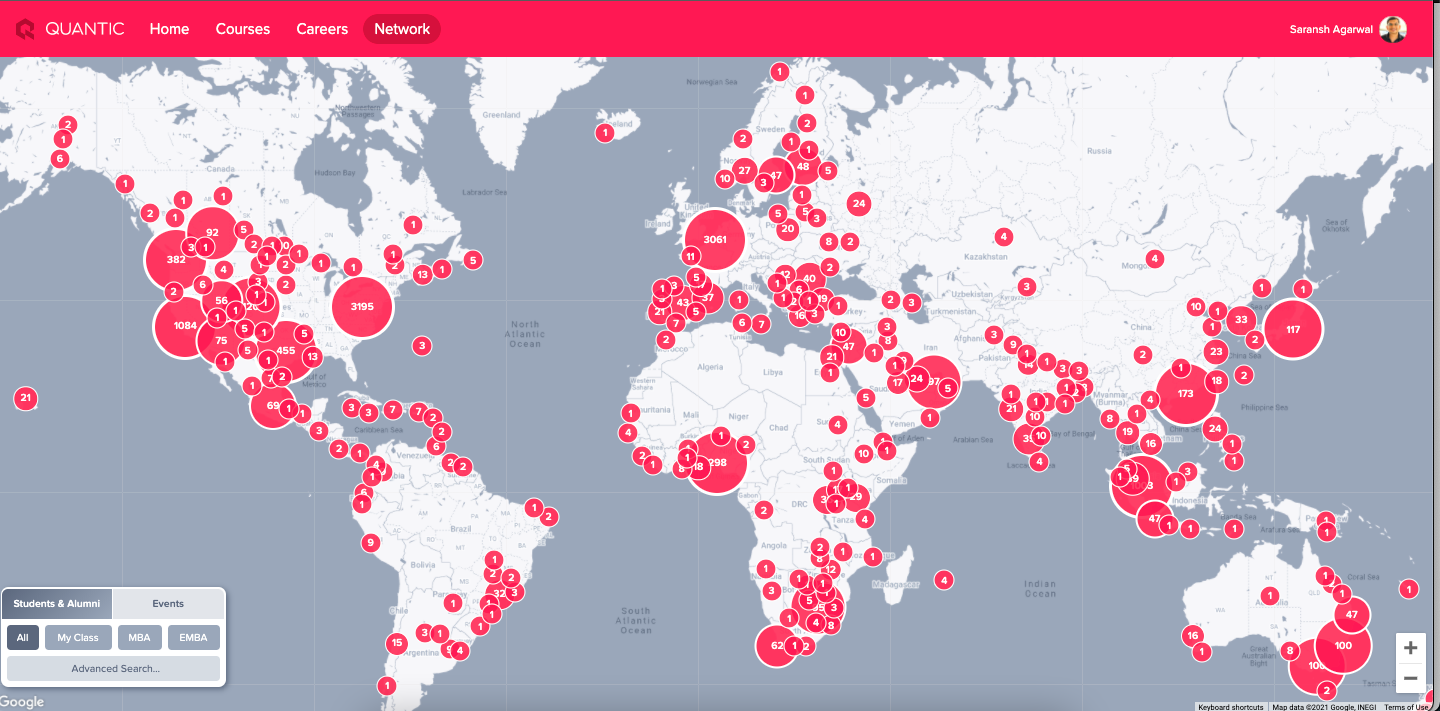 map of the world showing Quantic students and alumni